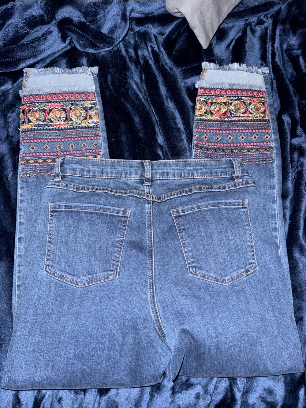 FDJ Jeans | Embroidered Embellished Blue Women's Denim Jeans with Fringe Hem